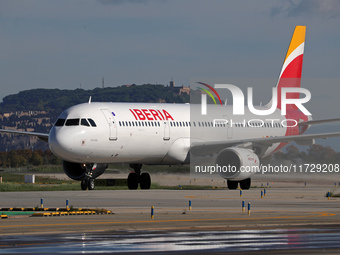 An Airbus A321-213 from Iberia is on the runway ready to take off from Barcelona airport in Barcelona, Spain, on October 8, 2024. (