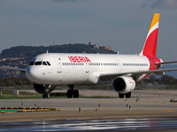 An Airbus A321-213 from Iberia is on the runway ready to take off from Barcelona airport in Barcelona, Spain, on October 8, 2024. (