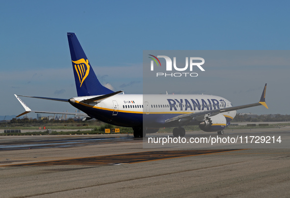 A Boeing 737 MAX 8-200 from Ryanair is on the runway ready to take off from Barcelona airport in Barcelona, Spain, on October 8, 2024. 