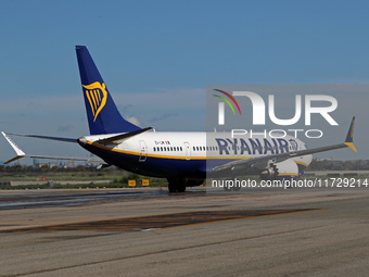 A Boeing 737 MAX 8-200 from Ryanair is on the runway ready to take off from Barcelona airport in Barcelona, Spain, on October 8, 2024. (