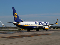 A Boeing 737 MAX 8-200 from Ryanair is on the runway ready to take off from Barcelona airport in Barcelona, Spain, on October 8, 2024. (