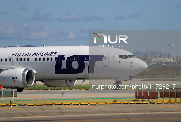 A Boeing 737 MAX 8 from LOT is on the runway after landing at Barcelona El Prat Airport in Barcelona, Spain, on October 8, 2024. 