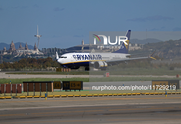 A Boeing 737 MAX 8-200 from Ryanair is on the runway after landing at Barcelona El Prat Airport in Barcelona, Spain, on October 8, 2024. 