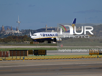 A Boeing 737 MAX 8-200 from Ryanair is on the runway after landing at Barcelona El Prat Airport in Barcelona, Spain, on October 8, 2024. (