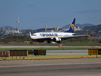 A Boeing 737 MAX 8-200 from Ryanair is on the runway after landing at Barcelona El Prat Airport in Barcelona, Spain, on October 8, 2024. (