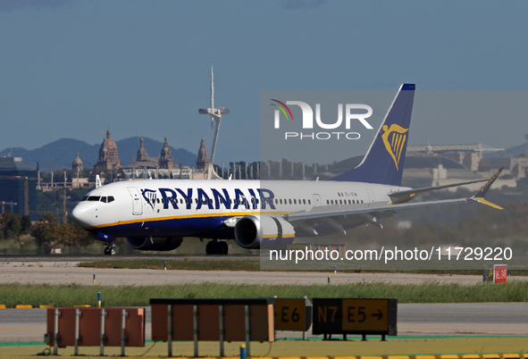 A Boeing 737 MAX 8-200 from Ryanair is on the runway after landing at Barcelona El Prat Airport in Barcelona, Spain, on October 8, 2024. 