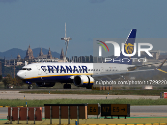 A Boeing 737 MAX 8-200 from Ryanair is on the runway after landing at Barcelona El Prat Airport in Barcelona, Spain, on October 8, 2024. (