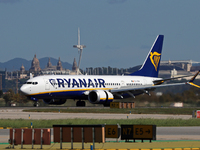 A Boeing 737 MAX 8-200 from Ryanair is on the runway after landing at Barcelona El Prat Airport in Barcelona, Spain, on October 8, 2024. (