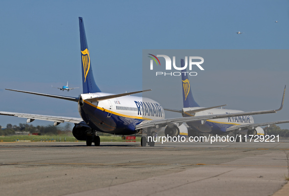 Two Ryanair aircraft are on the runway ready to take off from Barcelona airport in Barcelona, Spain, on October 8, 2024. 