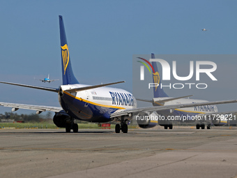 Two Ryanair aircraft are on the runway ready to take off from Barcelona airport in Barcelona, Spain, on October 8, 2024. (