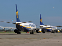 Two Ryanair aircraft are on the runway ready to take off from Barcelona airport in Barcelona, Spain, on October 8, 2024. (