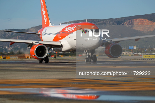 An Airbus A319-111 from easyJet is on the runway ready to take off from Barcelona airport in Barcelona, Spain, on October 8, 2024. 