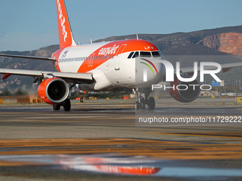 An Airbus A319-111 from easyJet is on the runway ready to take off from Barcelona airport in Barcelona, Spain, on October 8, 2024. (