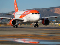 An Airbus A319-111 from easyJet is on the runway ready to take off from Barcelona airport in Barcelona, Spain, on October 8, 2024. (