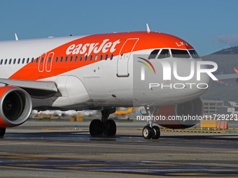 An Airbus A319-111 from easyJet is on the runway ready to take off from Barcelona airport in Barcelona, Spain, on October 8, 2024. (