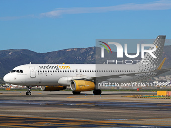 An Airbus A320-232 from Vueling is on the runway ready to take off from Barcelona airport in Barcelona, Spain, on October 8, 2024. (