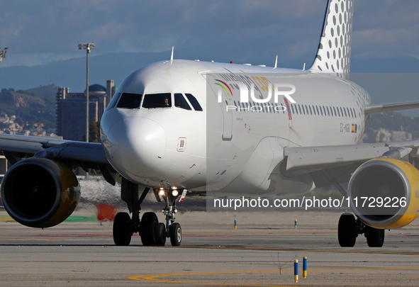 An Airbus A319-112 from Vueling is on the runway ready to take off from Barcelona airport in Barcelona, Spain, on October 8, 2024. 