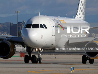 An Airbus A319-112 from Vueling is on the runway ready to take off from Barcelona airport in Barcelona, Spain, on October 8, 2024. (