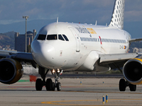 An Airbus A319-112 from Vueling is on the runway ready to take off from Barcelona airport in Barcelona, Spain, on October 8, 2024. (