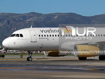 An Airbus A320-232 from Vueling is on the runway ready to take off from Barcelona airport in Barcelona, Spain, on October 8, 2024. (