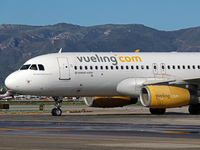 An Airbus A320-232 from Vueling is on the runway ready to take off from Barcelona airport in Barcelona, Spain, on October 8, 2024. (