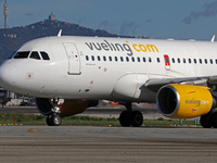 An Airbus A319-112 from Vueling is on the runway ready to take off from Barcelona airport in Barcelona, Spain, on October 8, 2024. (