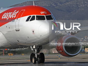 An Airbus A320-214 from easyJet is on the runway ready to take off from Barcelona airport in Barcelona, Spain, on October 8, 2024. (