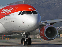 An Airbus A320-214 from easyJet is on the runway ready to take off from Barcelona airport in Barcelona, Spain, on October 8, 2024. (