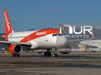 An Airbus A320-214 from easyJet is on the runway ready to take off from Barcelona airport in Barcelona, Spain, on October 8, 2024. (