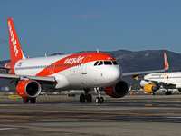 An Airbus A320-214 from easyJet is on the runway ready to take off from Barcelona airport in Barcelona, Spain, on October 8, 2024. (