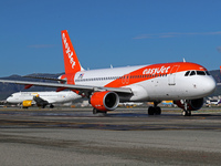 An Airbus A320-214 from easyJet is on the runway ready to take off from Barcelona airport in Barcelona, Spain, on October 8, 2024. (