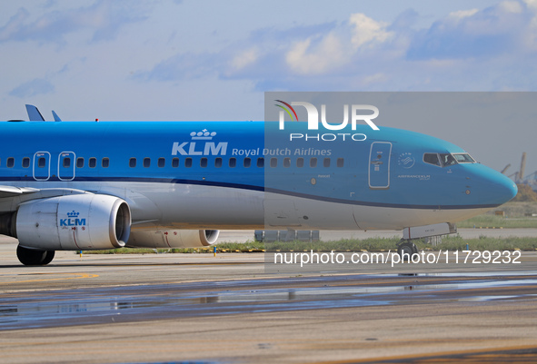 A Boeing 737-8K2 from KLM is on the runway ready to take off from Barcelona airport in Barcelona, Spain, on October 8, 2024. 