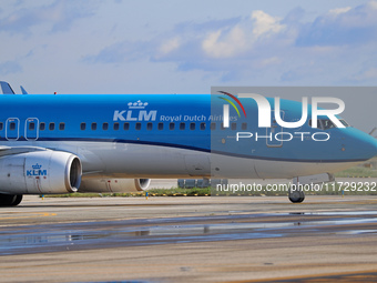 A Boeing 737-8K2 from KLM is on the runway ready to take off from Barcelona airport in Barcelona, Spain, on October 8, 2024. (