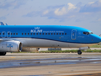 A Boeing 737-8K2 from KLM is on the runway ready to take off from Barcelona airport in Barcelona, Spain, on October 8, 2024. (