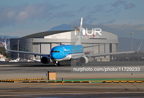 A Boeing 737-8K2 from KLM is on the runway ready to take off from Barcelona airport in Barcelona, Spain, on October 8, 2024. 