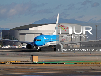 A Boeing 737-8K2 from KLM is on the runway ready to take off from Barcelona airport in Barcelona, Spain, on October 8, 2024. (