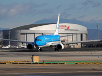 A Boeing 737-8K2 from KLM is on the runway ready to take off from Barcelona airport in Barcelona, Spain, on October 8, 2024. (