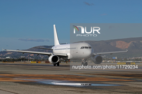 An Airbus A320-214 from Getjet Airlines is on the runway ready to take off from Barcelona airport in Barcelona, Spain, on October 8, 2024. 