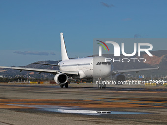 An Airbus A320-214 from Getjet Airlines is on the runway ready to take off from Barcelona airport in Barcelona, Spain, on October 8, 2024. (