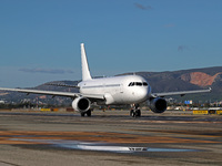 An Airbus A320-214 from Getjet Airlines is on the runway ready to take off from Barcelona airport in Barcelona, Spain, on October 8, 2024. (