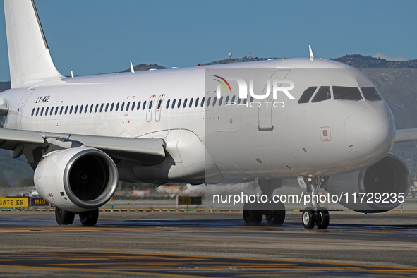 An Airbus A320-214 from Getjet Airlines is on the runway ready to take off from Barcelona airport in Barcelona, Spain, on October 8, 2024. 