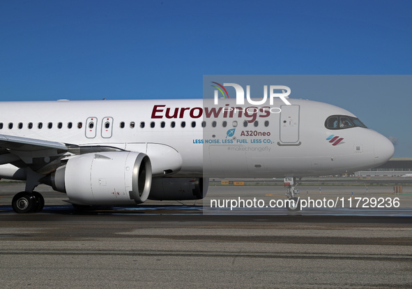 An Airbus A320-251N from Eurowings is on the runway ready to take off from Barcelona airport in Barcelona, Spain, on October 8, 2024. 