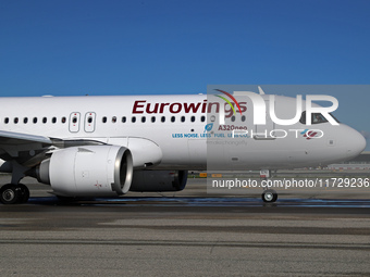 An Airbus A320-251N from Eurowings is on the runway ready to take off from Barcelona airport in Barcelona, Spain, on October 8, 2024. (