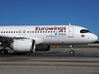 An Airbus A320-251N from Eurowings is on the runway ready to take off from Barcelona airport in Barcelona, Spain, on October 8, 2024. (