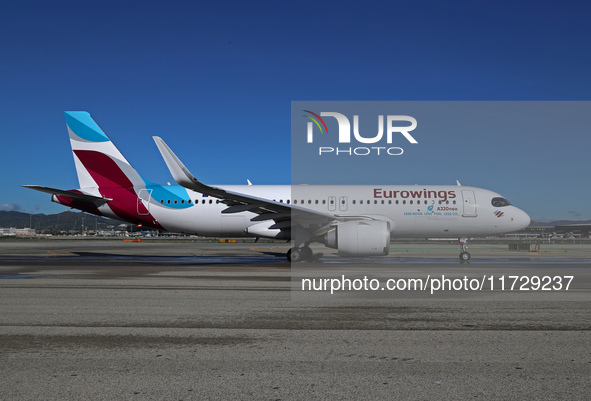 An Airbus A320-251N from Eurowings is on the runway ready to take off from Barcelona airport in Barcelona, Spain, on October 8, 2024. 