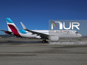 An Airbus A320-251N from Eurowings is on the runway ready to take off from Barcelona airport in Barcelona, Spain, on October 8, 2024. (