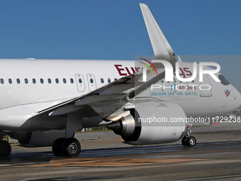 An Airbus A320-251N from Eurowings is on the runway ready to take off from Barcelona airport in Barcelona, Spain, on October 8, 2024. (