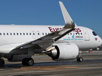 An Airbus A320-251N from Eurowings is on the runway ready to take off from Barcelona airport in Barcelona, Spain, on October 8, 2024. (