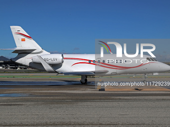 A Dassault Falcon 2000LX from Gestair company is on the runway ready to take off from Barcelona airport in Barcelona, Spain, on October 8, 2...