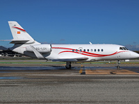 A Dassault Falcon 2000LX from Gestair company is on the runway ready to take off from Barcelona airport in Barcelona, Spain, on October 8, 2...